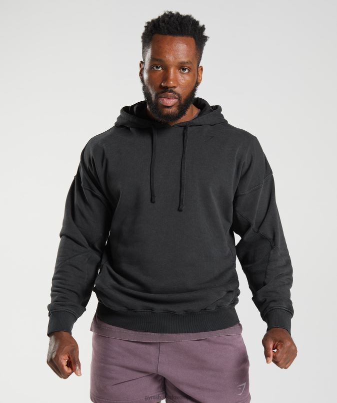 močno opran pulover s kapuco moškiGymshark Črna J00L2835