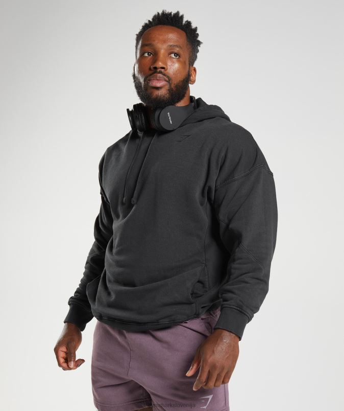 močno opran pulover s kapuco moškiGymshark Črna J00L2835