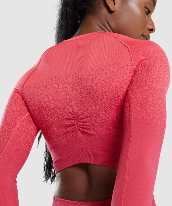 Adapt ombre brezšivni kratki top z dolgimi rokavi ženskeGymshark roza/rdeča J00L2488