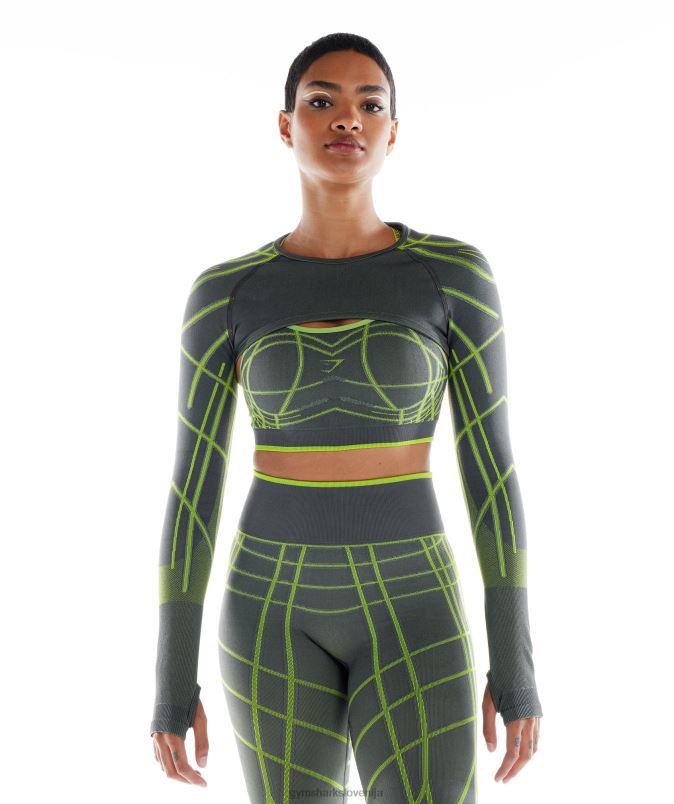 linearni brezšivni skomign z rameni wtflex z dolgimi rokavi ženskeGymshark ogljeno siva/fluo zelena/svetlo siva J00L2490