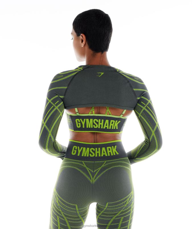 linearni brezšivni skomign z rameni wtflex z dolgimi rokavi ženskeGymshark ogljeno siva/fluo zelena/svetlo siva J00L2490