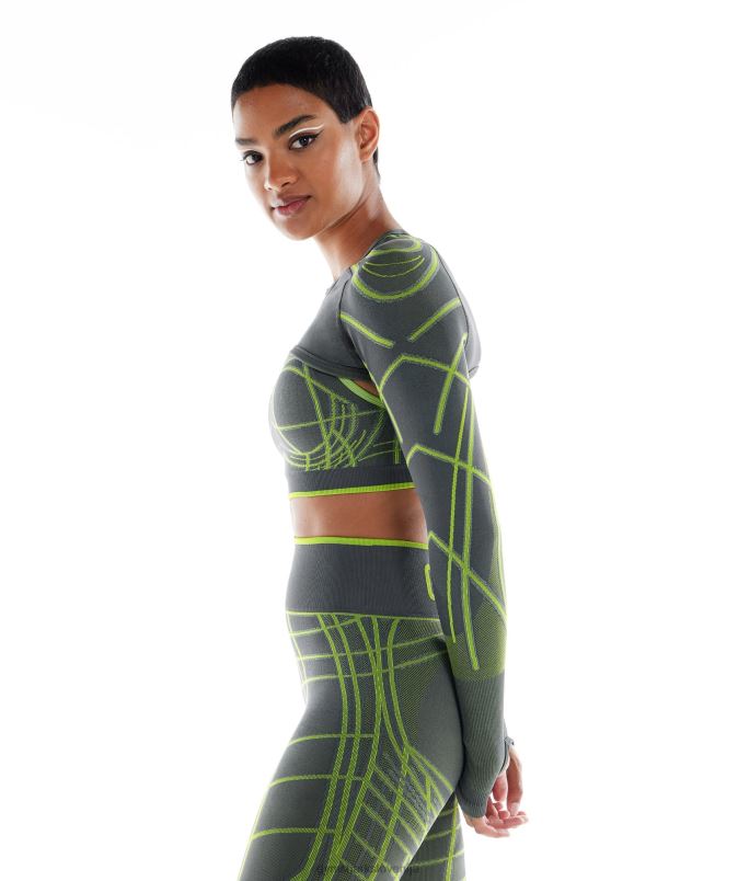 linearni brezšivni skomign z rameni wtflex z dolgimi rokavi ženskeGymshark ogljeno siva/fluo zelena/svetlo siva J00L2490