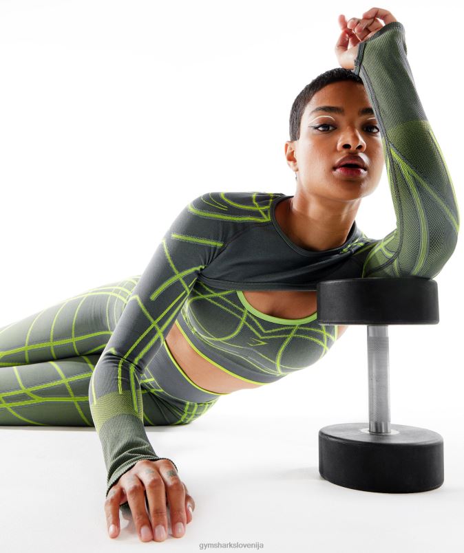 linearni brezšivni skomign z rameni wtflex z dolgimi rokavi ženskeGymshark ogljeno siva/fluo zelena/svetlo siva J00L2490
