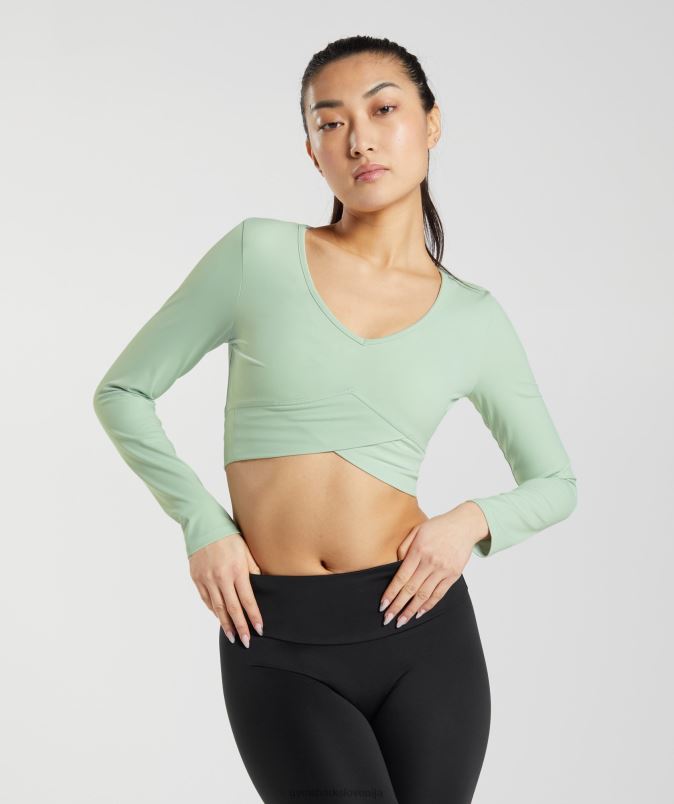 navzkrižna majica z dolgimi rokavi ženskeGymshark meglica zelena J00L2454