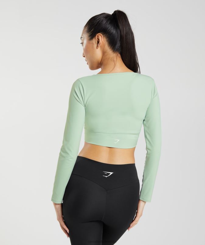 navzkrižna majica z dolgimi rokavi ženskeGymshark meglica zelena J00L2454