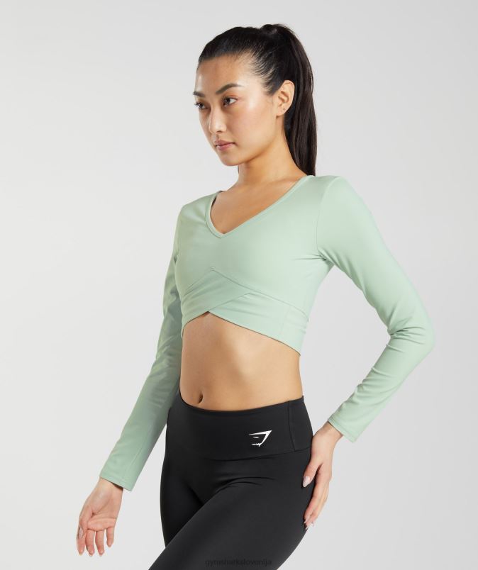navzkrižna majica z dolgimi rokavi ženskeGymshark meglica zelena J00L2454