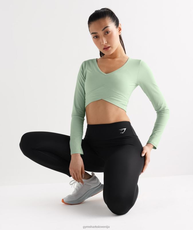 navzkrižna majica z dolgimi rokavi ženskeGymshark meglica zelena J00L2454