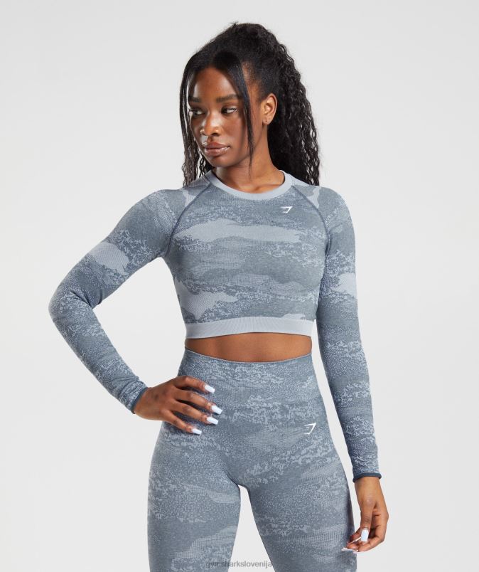 prilagodite kamuflažni brezšivni zgornji del z vezalkami ženskeGymshark lava | rečni kamen siva/večerno modra J00L2457