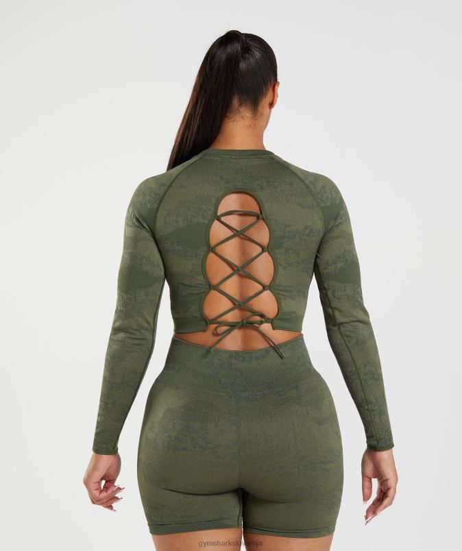 prilagodite kamuflažni brezšivni zgornji del z vezalkami ženskeGymshark moss olive / jedro olive J00L2452