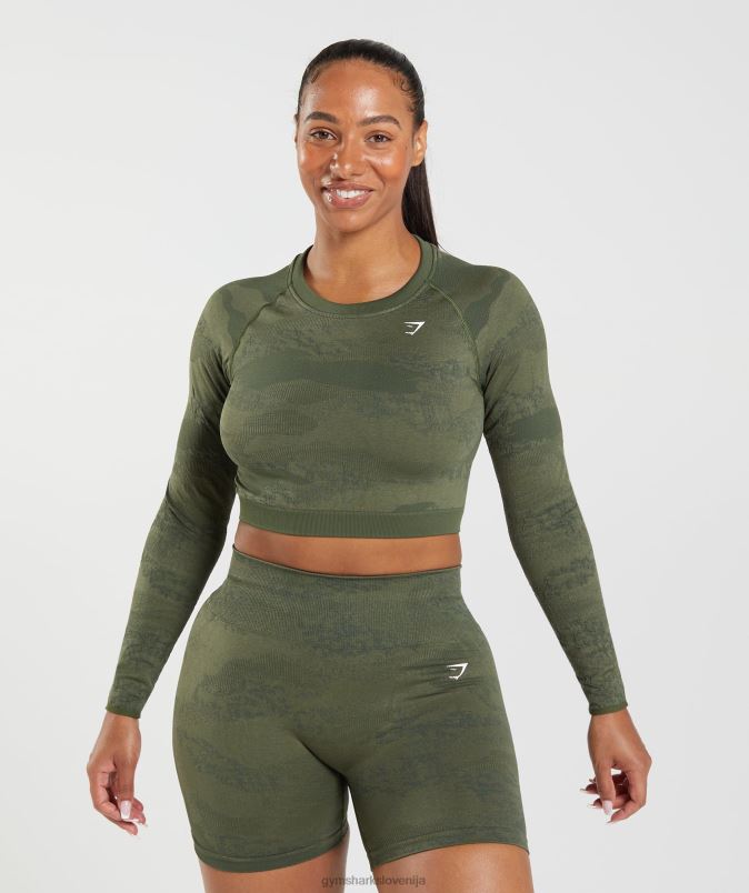 prilagodite kamuflažni brezšivni zgornji del z vezalkami ženskeGymshark moss olive / jedro olive J00L2452