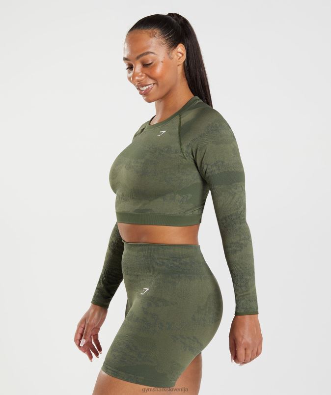 prilagodite kamuflažni brezšivni zgornji del z vezalkami ženskeGymshark moss olive / jedro olive J00L2452