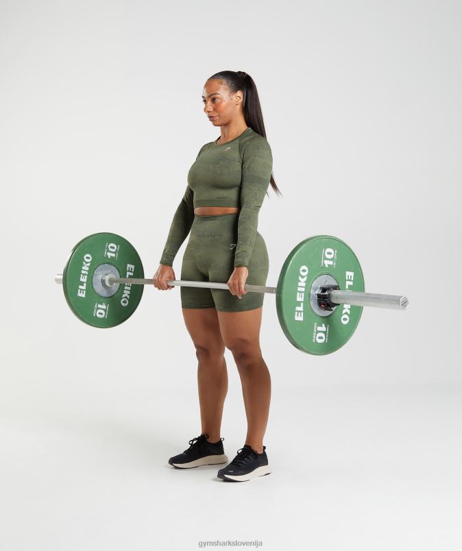 prilagodite kamuflažni brezšivni zgornji del z vezalkami ženskeGymshark moss olive / jedro olive J00L2452
