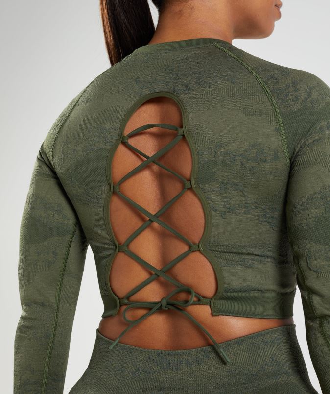 prilagodite kamuflažni brezšivni zgornji del z vezalkami ženskeGymshark moss olive / jedro olive J00L2452