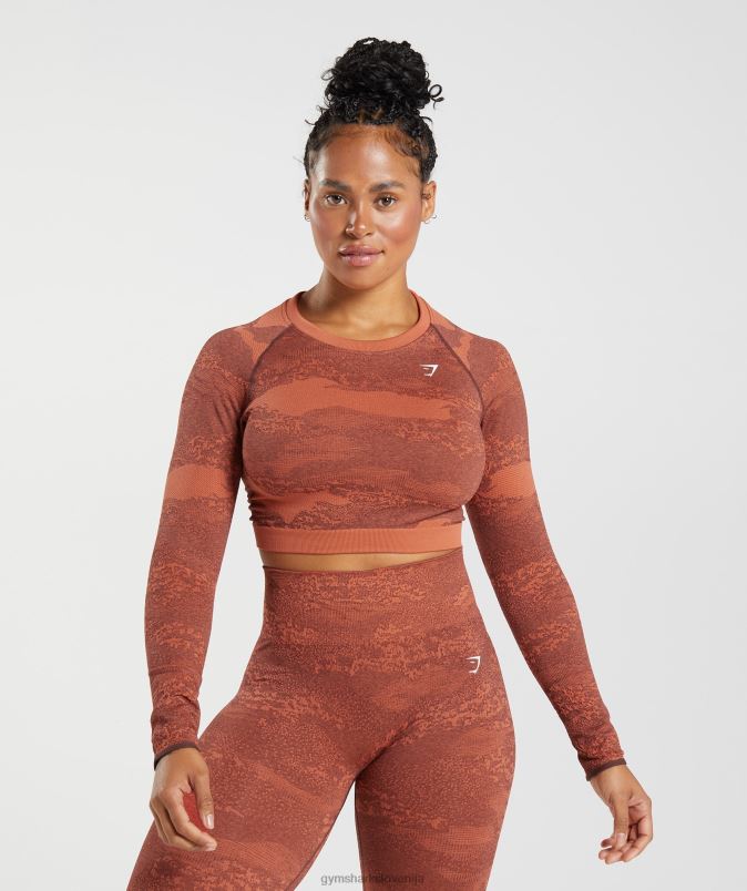 prilagodite kamuflažni brezšivni zgornji del z vezalkami ženskeGymshark nevihtno rdeča/češnjevo rjava J00L2449