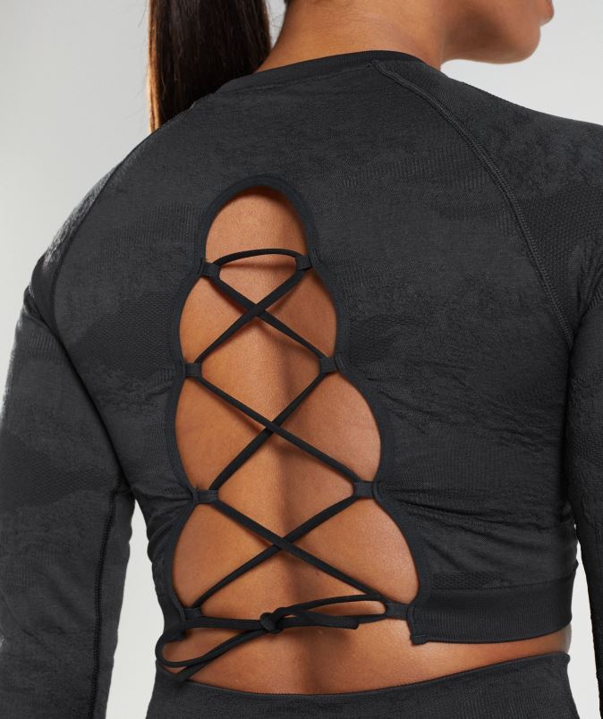 prilagodite kamuflažni brezšivni zgornji del z vezalkami ženskeGymshark črna/oniks siva J00L2451