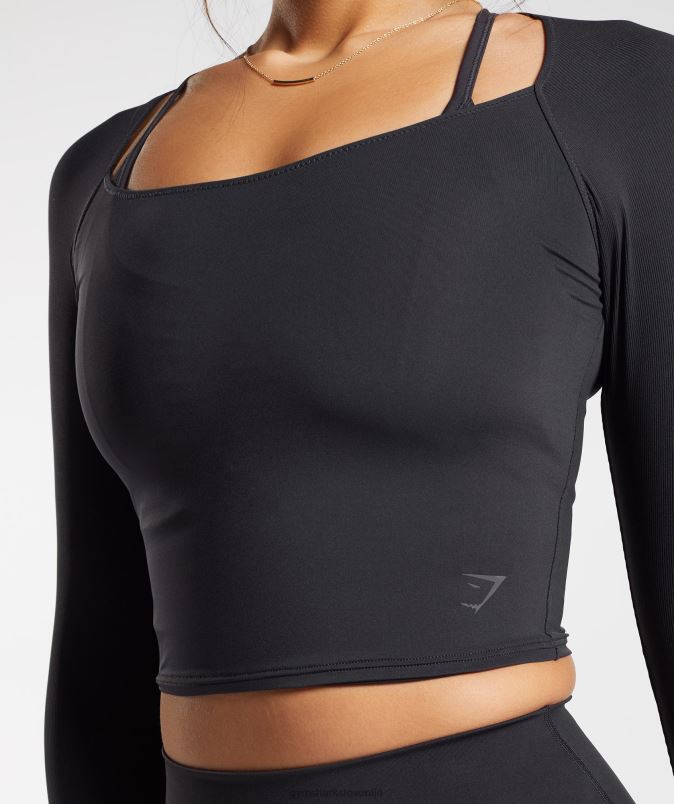 dvignjen kratki top s 3/4 rokavi ženskeGymshark Črna J00L2422