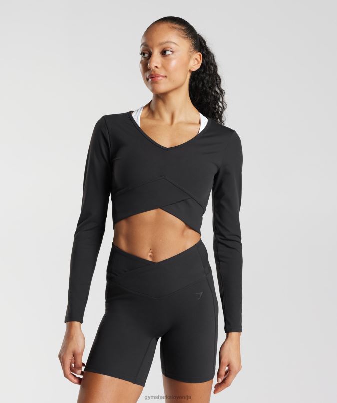 navzkrižna majica z dolgimi rokavi ženskeGymshark Črna J00L2498