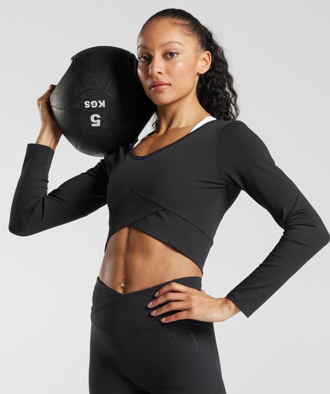 navzkrižna majica z dolgimi rokavi ženskeGymshark Črna J00L2498